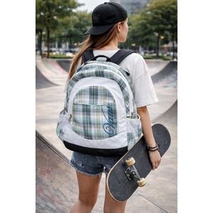 Vans Plaid Backpack teal Blue White Yellow Embroidery Logo School Bag Skater Y2K